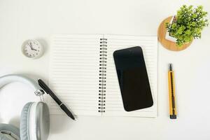 white office desk table Top view with copy space. Flat lay. photo