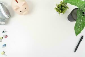 white office desk table Top view with copy space. Flat lay. photo