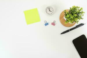 white office desk table Top view with copy space. Flat lay. photo