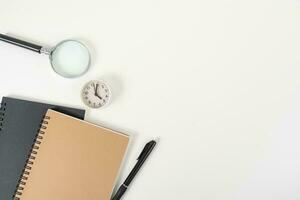 white office desk table Top view with copy space. Flat lay. photo