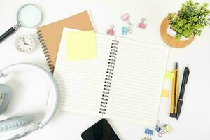 white office desk table Top view with copy space. Flat lay. photo