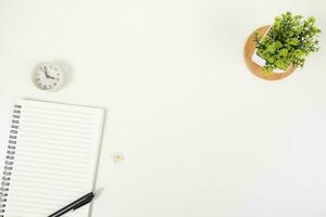 white office desk table Top view with copy space. Flat lay. photo