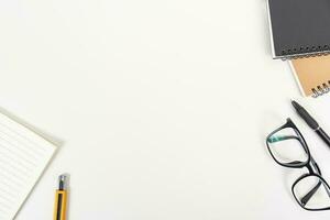 white office desk table Top view with copy space. Flat lay. photo