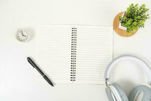 white office desk table Top view with copy space. Flat lay. photo