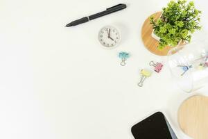 white office desk table Top view with copy space. Flat lay. photo