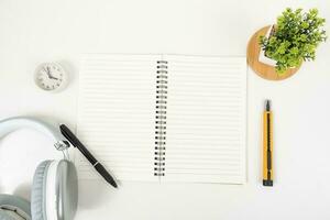 white office desk table Top view with copy space. Flat lay. photo