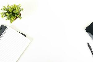 white office desk table Top view with copy space. Flat lay. photo