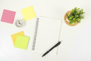 white office desk table Top view with copy space. Flat lay. photo