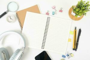 white office desk table Top view with copy space. Flat lay. photo