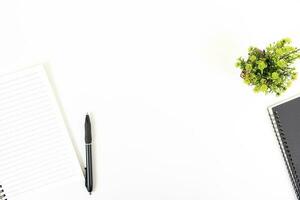 white office desk table Top view with copy space. Flat lay. photo