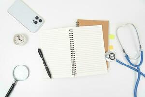 white office desk table Top view with copy space. Flat lay. photo