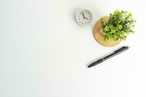 white office desk table Top view with copy space. Flat lay. photo