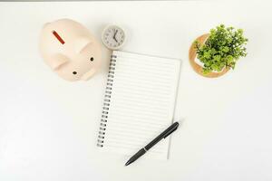 white office desk table Top view with copy space. Flat lay. photo