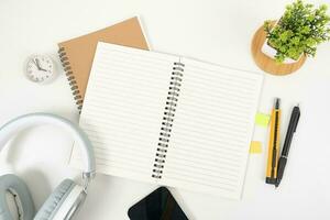 white office desk table Top view with copy space. Flat lay. photo