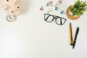 white office desk table Top view with copy space. Flat lay. photo