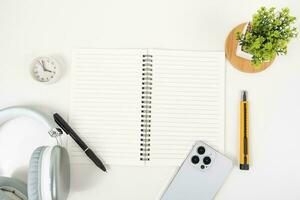 white office desk table Top view with copy space. Flat lay. photo