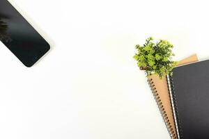 white office desk table Top view with copy space. Flat lay. photo