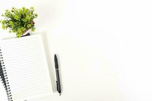 white office desk table Top view with copy space. Flat lay. photo