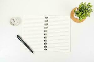 white office desk table Top view with copy space. Flat lay. photo