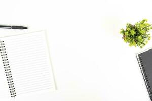 white office desk table Top view with copy space. Flat lay. photo