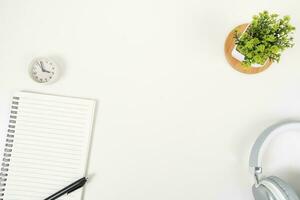 white office desk table Top view with copy space. Flat lay. photo