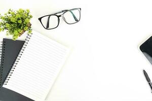 white office desk table Top view with copy space. Flat lay. photo