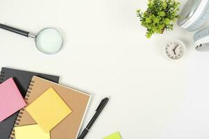 white office desk table Top view with copy space. Flat lay. photo