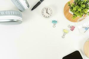 white office desk table Top view with copy space. Flat lay. photo