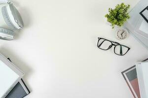 white office desk table Top view with copy space. Flat lay. photo