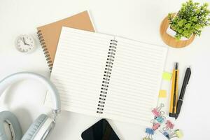 white office desk table Top view with copy space. Flat lay. photo