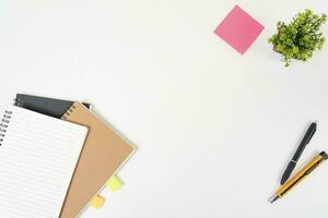 white office desk table Top view with copy space. Flat lay. photo