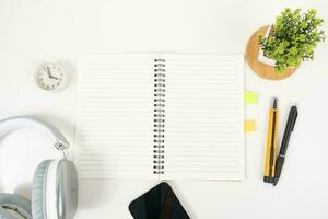 white office desk table Top view with copy space. Flat lay. photo