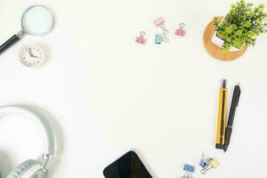 white office desk table Top view with copy space. Flat lay. photo