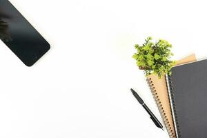 white office desk table Top view with copy space. Flat lay. photo