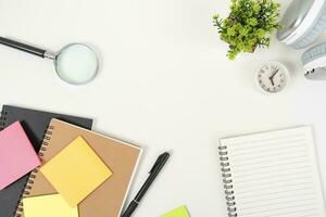 white office desk table Top view with copy space. Flat lay. photo