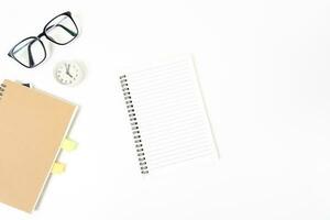 white office desk table Top view with copy space. Flat lay. photo