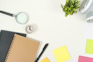 white office desk table Top view with copy space. Flat lay. photo