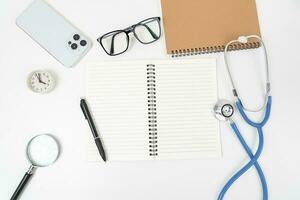 white office desk table Top view with copy space. Flat lay. photo