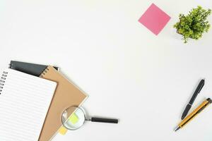 white office desk table Top view with copy space. Flat lay. photo