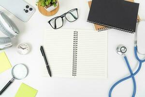 white office desk table Top view with copy space. Flat lay. photo