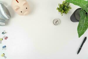 white office desk table Top view with copy space. Flat lay. photo