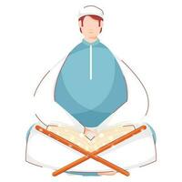 Muslim Man Character Sitting in Front of Quran Book Stand Icon. vector