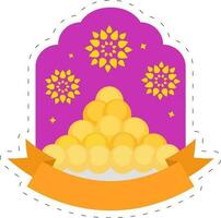 Indian Sweet Laddu Plate with Blank Ribbon on Purple Floral Arch Background. vector