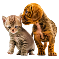 bruin puppy en lange vacht wit, bruin, en zwart kat, hond kat puppy huisdier zitten, huisdier hond kat, dieren, kat Leuk vinden zoogdier PNG ai generatief