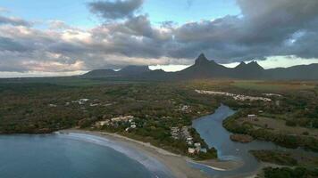 Tamarin Bay With Waves And Beach At Sunset, Mauritius, Aerial View video