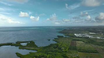 Panorama Of The Ocean And The Green Islands Of Mauritius, Aerial View video