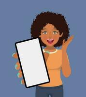 Surprised young African woman showing smart phone with blank screen vector