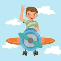 happy little boy flying an airplane waving hand in the blue sky vector