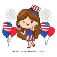 American Girl Portrait Celebrating 4th Of July Independence Day with Costume, Holding Flags, Hand Drawing Style Vector