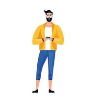 Man standing with orange shirt and blue pant vector